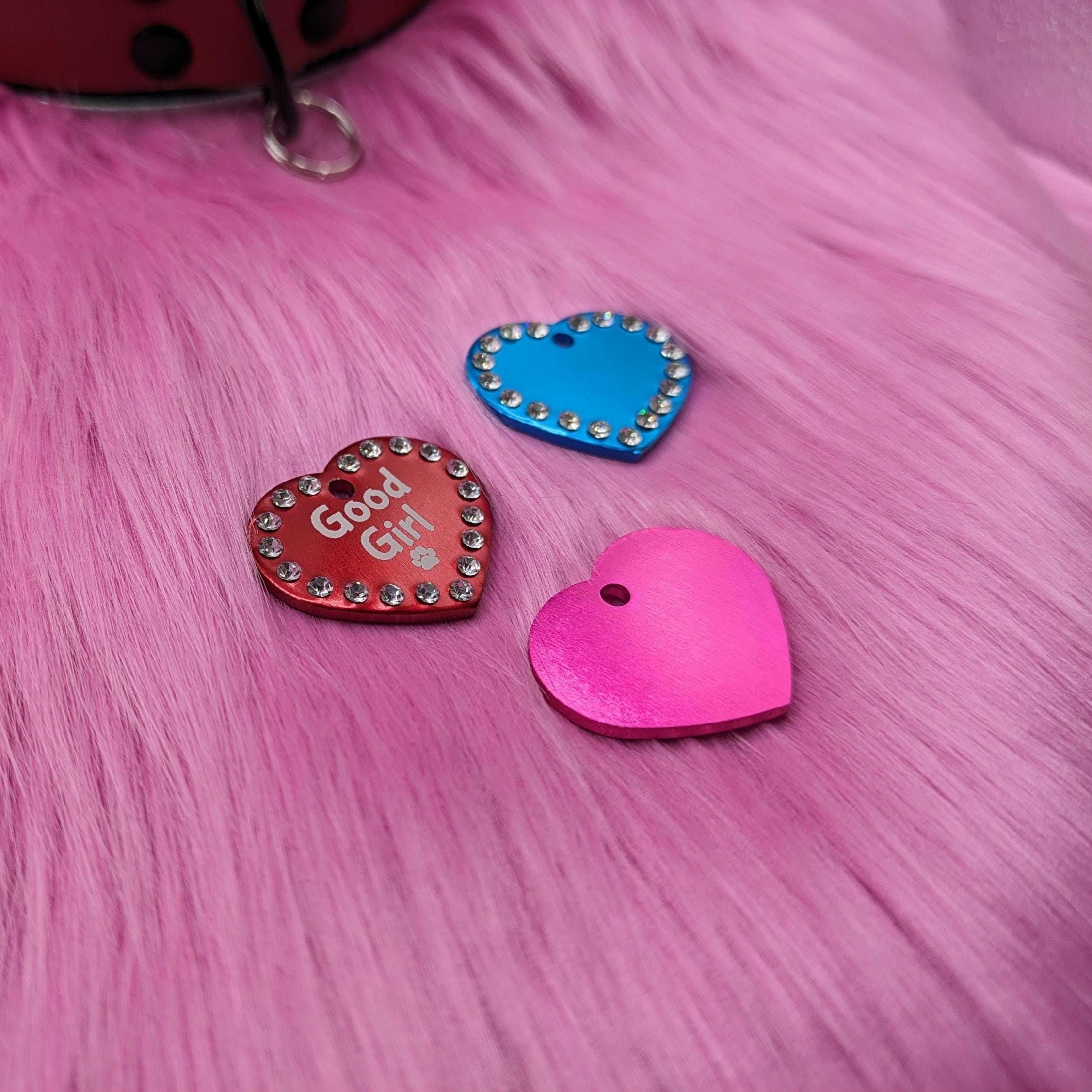 Custom Engraved Rhinestone Border Metal Heart Collar Tag (4cm wide)