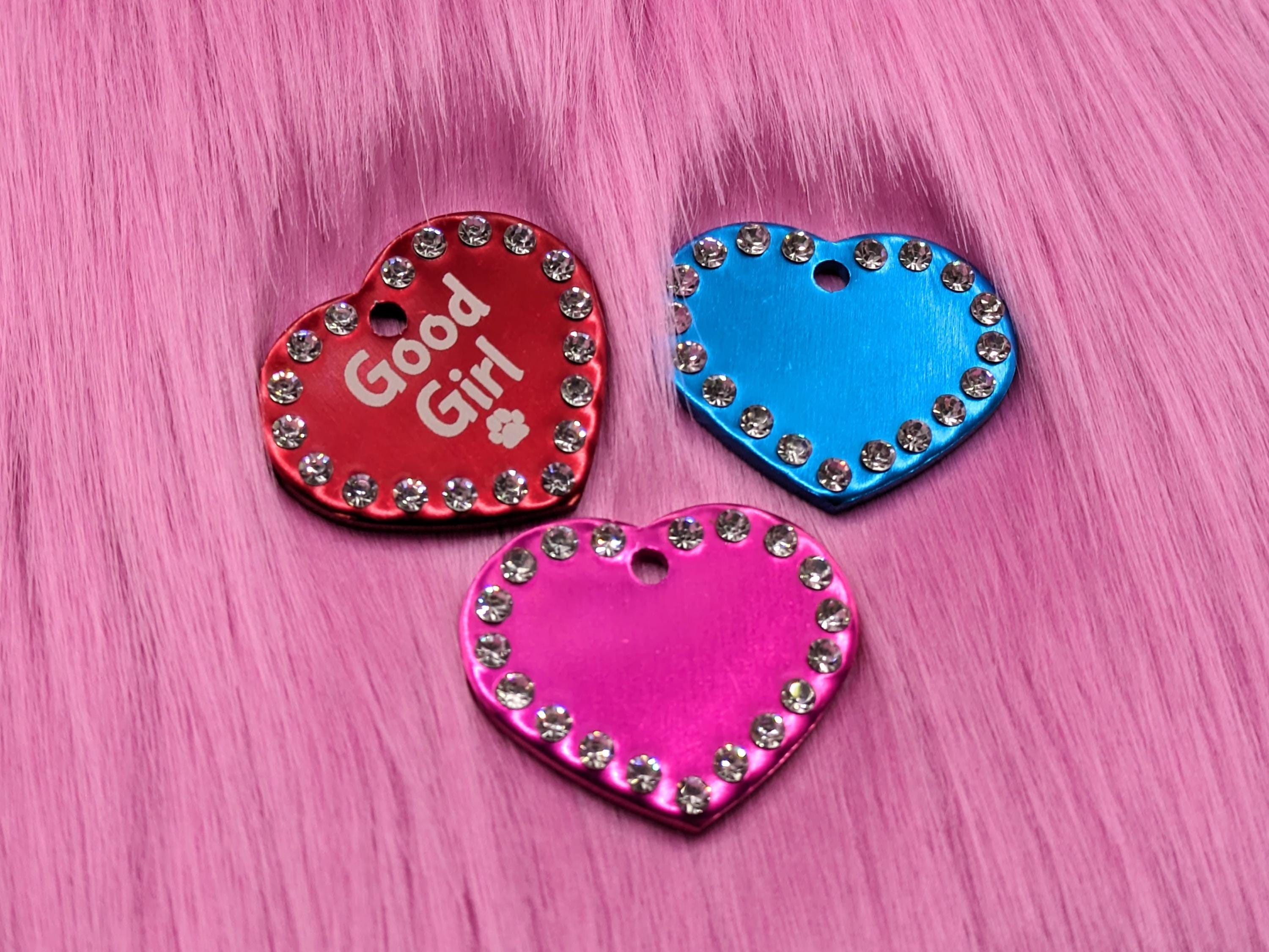 Custom Engraved Rhinestone Border Metal Heart Collar Tag (4cm wide)