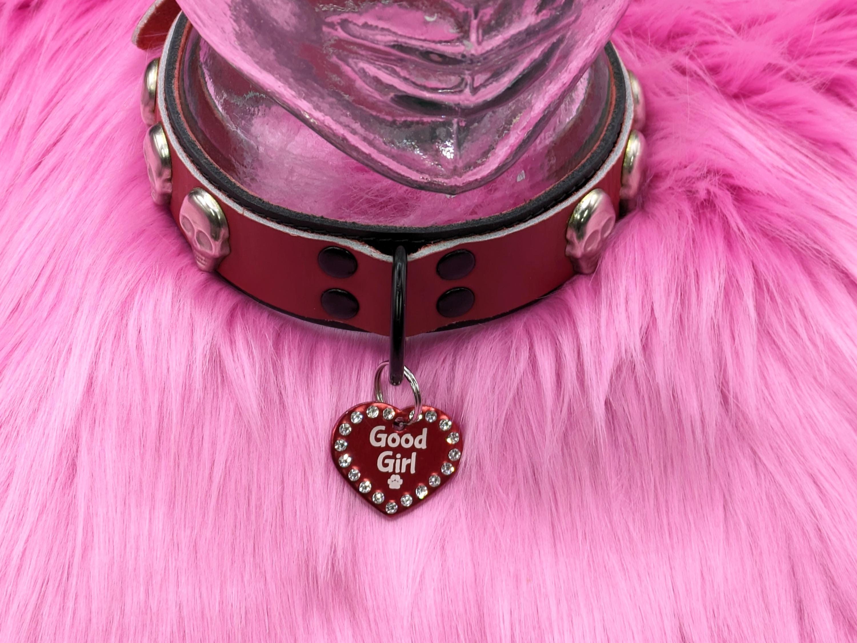 Custom Engraved Rhinestone Border Metal Heart Collar Tag (4cm wide)