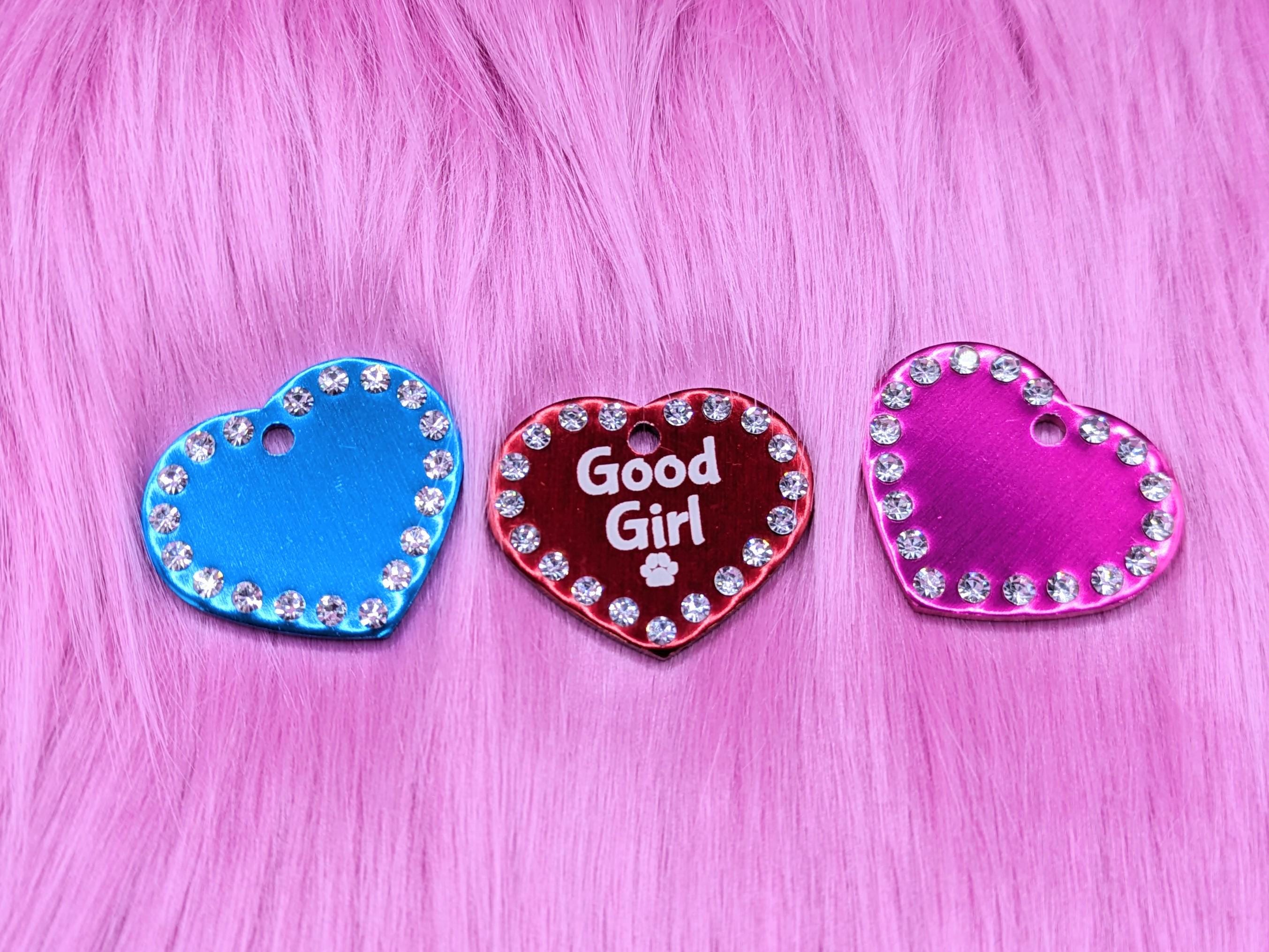 Custom Engraved Rhinestone Border Metal Heart Collar Tag (4cm wide)