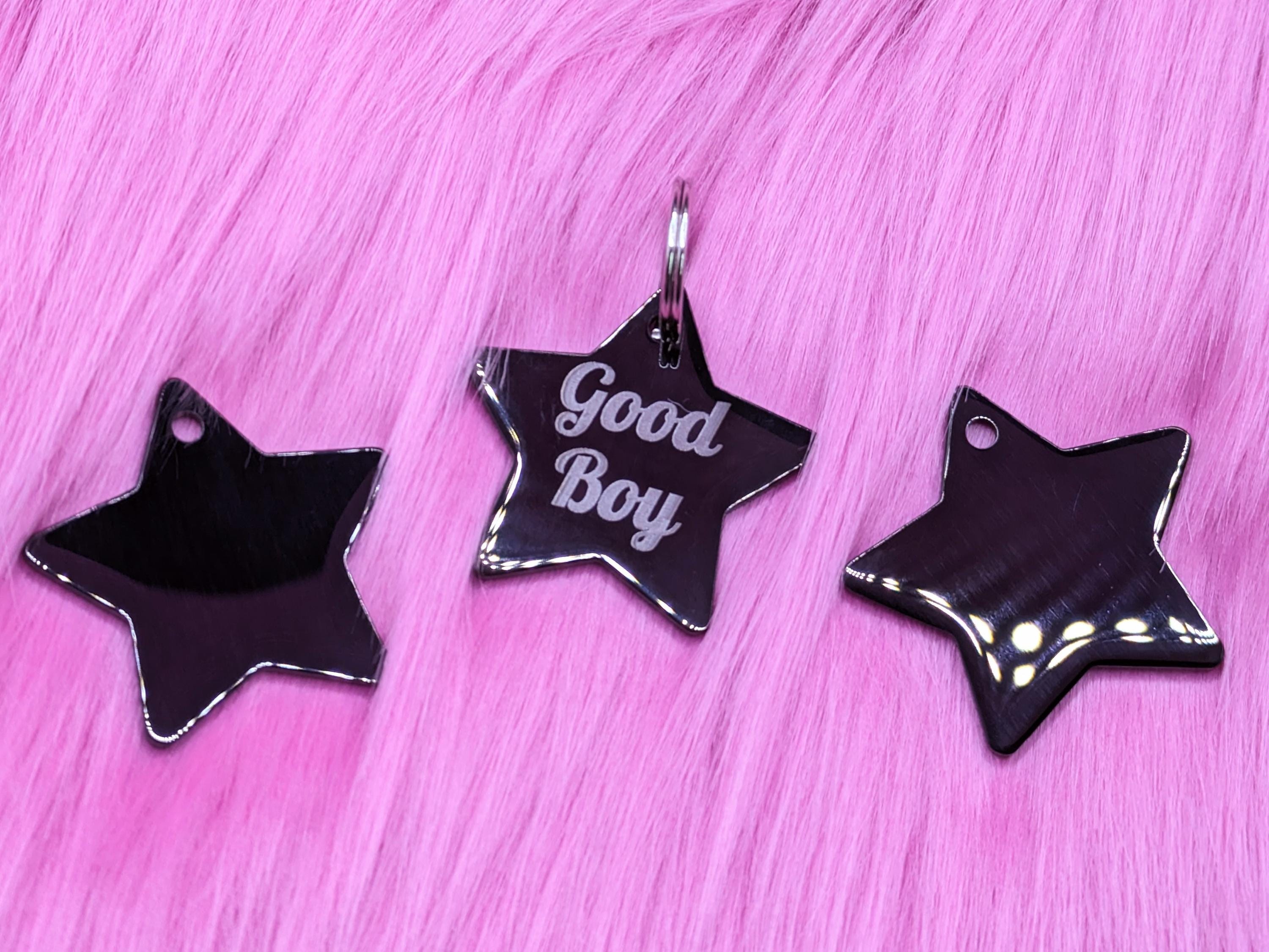 Custom Personalised Text - Engraved Stainless Steel Star Collar Tag (35mm wide)