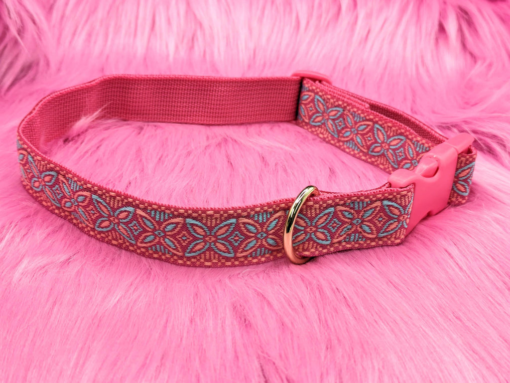 Handmade Pink Jacquard Collar - Adjustable Length