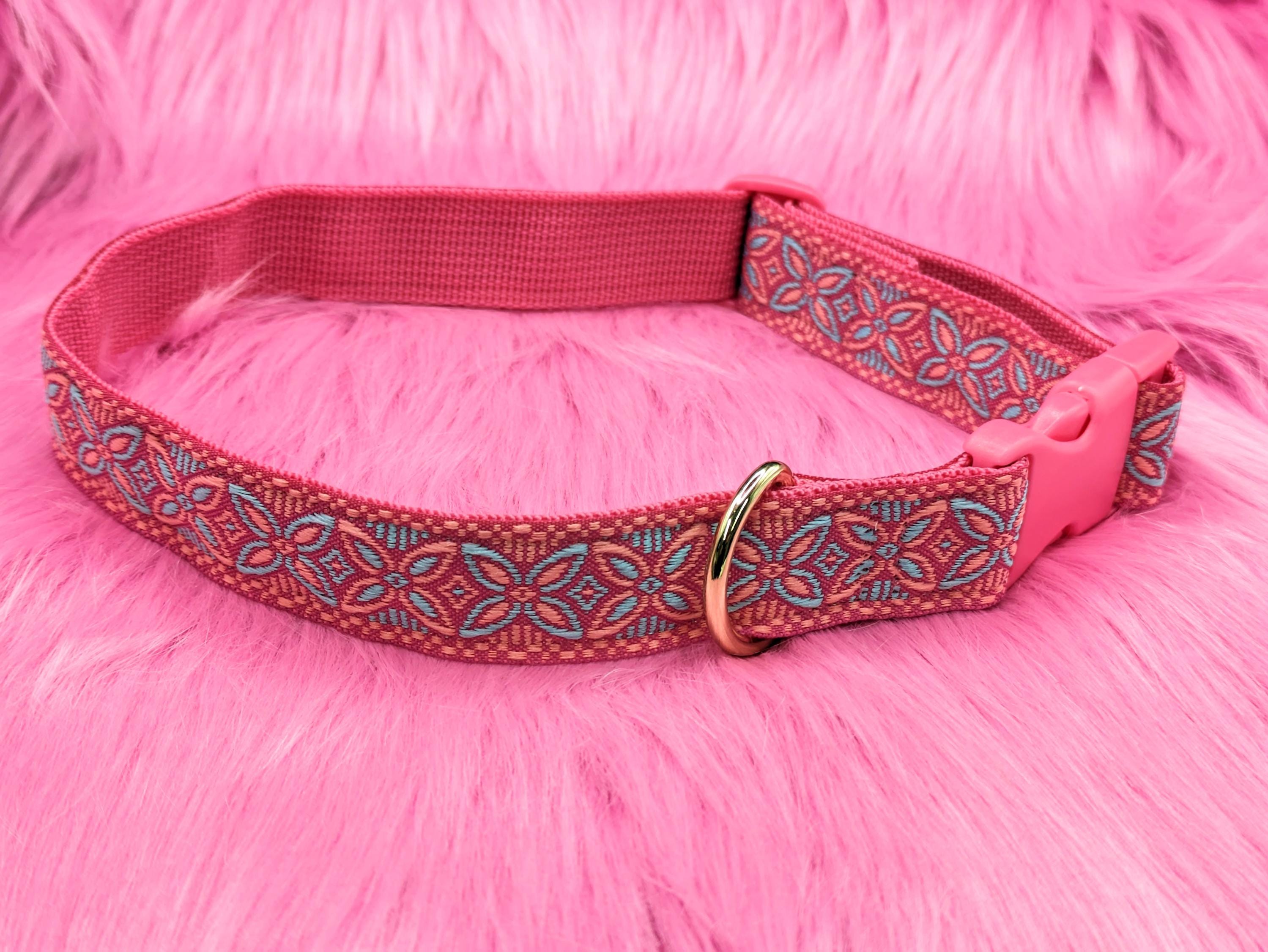 Handmade Pink Jacquard Collar - Adjustable Length